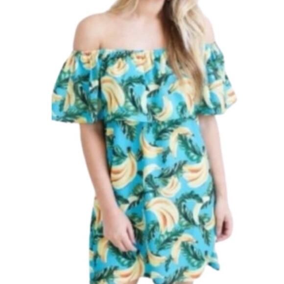 Show Me Your Mumu Off Shoulder Banana Graphic Print Mini Dress Teal Yellow Sz XL - Picture 2 of 13